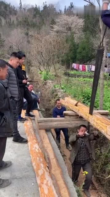 只存在記憶里的斷木方式,木樁放深溝上下站兩人,拿出木工鋸來(lái)回推拉太省事